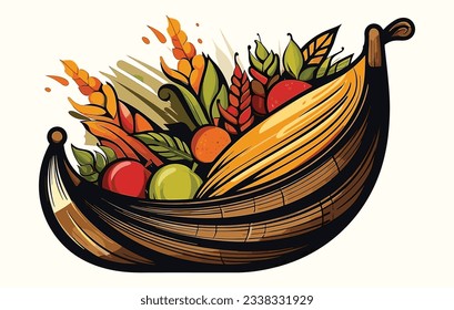 Vector cornucopia icon. Fruit and vegetable arrangement, Autumn cornucopia with pumpkins. Vector illustration
