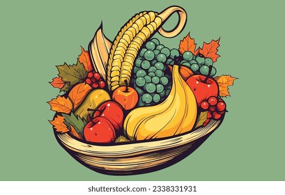 Vector cornucopia icon. Fruit and vegetable arrangement, Autumn cornucopia with pumpkins. Vector illustration
