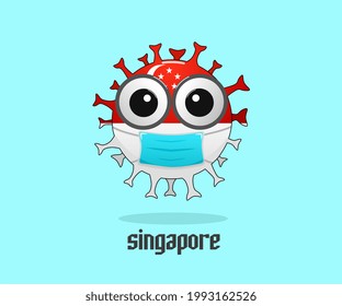 vector of corona virus bacteria character wearing a mask, on a Singapore flag background, illustration warning to wear a mask, ideal for icons, mascots, emoticons, coronavirus decorations,
