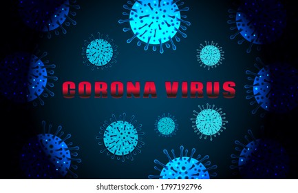 Vector Corona Virus, Covid 19 Illustration ideal as a Background for Flyers, Posters, Web Banners. Neon, Fluorescent Macro Cells of Corona Virus on a Dark Blue Background.