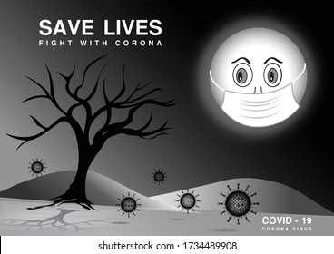Vector Corona Virus COVID-19, Impotente Full Moon observando la situación de pandemia en la Tierra. SALVAR VIDAS Y LUCHAR CON CORONA 
