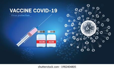 Vector coronavirus 19 syringe and vaccine on blue abstract background