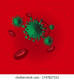 Vector de Coronavirus 2019-nCoV y antecedentes de virus con células de la enfermedad virus y glóbulos rojos.COVID-19 Brote de coronavirus y concepto de riesgo para la salud pandémica.corona en vasos sanguíneos
