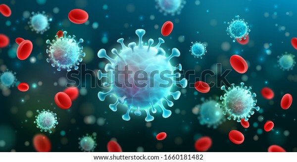 Vector of Coronavirus 2019-nCoV and Virus background\
with disease cells and red blood cell.COVID-19 Corona virus\
outbreaking and Pandemic medical health risk concept.Vector\
illustration eps 10