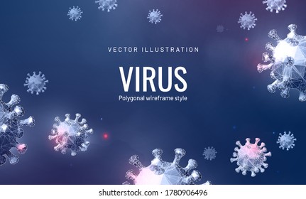 Vector of Coronavirus 2019-nCoV or Virus pattern background. COVID-19 3d Virus model in abstract futuristic polygonal style isolated on blue background. Microorganism, a type of pathogenic microflora