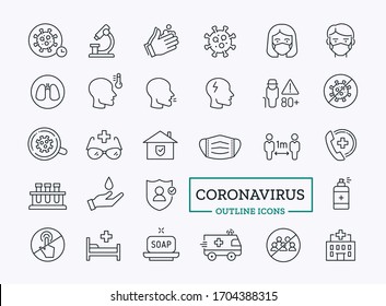 Vector Coronavirus and allergy thin line icons isolated on white. Precaution tips with signs of old man, bacterium, headache, cough, medical mask, microscope, soap.