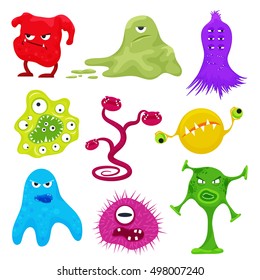 Vector coronavirus, cartoon evil bacteria germs. Angry agressive cute virus set