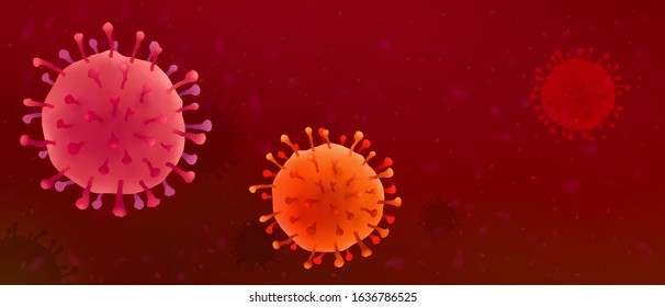 Vector coronavirus cells illustration on dark red background. Abstract horizontal science header banner backdrop.