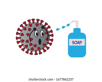 Vector Coronavirus Character afraid Of Liquid Soap