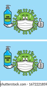 A vector coronavirus character with alcohol gel in his hands. Text in English and Portuguese