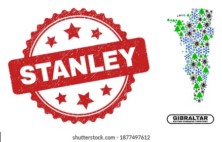 El mapa de Gibraltar del collage navideño del coronavirus vectores y el sello texturizado de Stanley. El sello Stanley utiliza forma de rosette y color rojo. El mapa de Gibraltar del Collage está organizado a partir de virus aleatorizados,