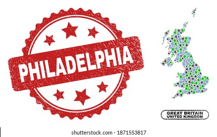 Vector Coronavirus Christmas Collage United Kingdom Map And Philadelphia Grunge Stamp Print. Philadelphia Stamp Seal Uses Rosette Shape And Red Color.