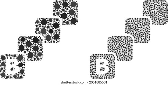 Vector coronavirus collage bitcoin blockchain organized for vaccination posters. Mosaic bitcoin blockchain is based on icon and it is made with biological hazard coronavirus pathogen items.