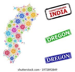 Vector coronavirus collage Chhattisgarh State map, and grunge Oregon seal stamps. Vector colorful Chhattisgarh State map mosaic, and Oregon grunge framed rectangle stamps.