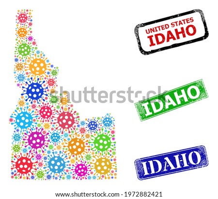 Vector coronavirus collage Idaho State map, and grunge Idaho seals. Vector vibrant Idaho State map collage, and Idaho textured framed rectangle stamp seals.
