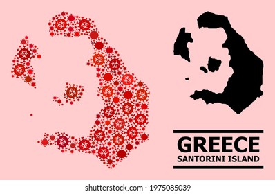 Vector coronavirus collage map of Santorini Island done for hospital posters. Red mosaic map of Santorini Island is constructed with biohazard coronavirus infection items.