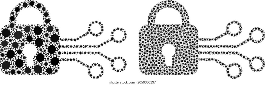 Vector coronavirus composition digital lock done for pharmacy advertisement. Mosaic digital lock is based on icon and it is created with biohazard covid-2019 infection elements.