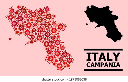 Vector coronavirus composition map of Campania region combined for vaccination wallpapers. Red mosaic map of Campania region is made of biohazard coronavirus pathogen parts.