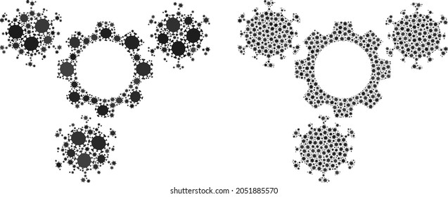 Vector coronavirus composition virus gears done for vaccination applications. Mosaic virus gears is based on icon and it is constructed from biological hazard covid-2019 pathogen elements.