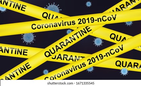 Vector Coronavirus covid-19 or 2019-nCoV quarantine poster with yellow stripes on black background. Warning or stop corona virus outbreak concept. Quarantine biohazard sign. Impact of virus COVID-19. 