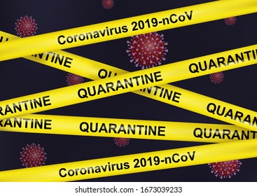 Vector Coronavirus covid-19 or 2019-nCoV quarantine poster with yellow stripes on black background. Warning or stop corona virus concept. Quarantine caution biohazard sign. Impact of virus COVID-19. 