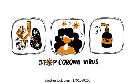 Vector CoronaVirus Covid-19  illustrations. Stop Coronavirus concept. Lungs, girl in mask, soap. Quarantine stickers isolated on white