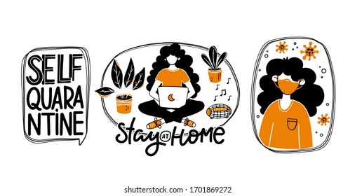 Vector CoronaVirus Covid-19  illustrations. Stop Coronavirus concept. Girl work on laptop, girl in mask. Stay at home, Self Quarantine stickers isolated on white