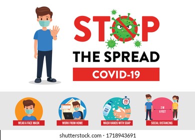 Vector de coronavirus o covid-19. Consejos infográficos sobre cómo detener la propagación del virus usando mascarillas, lavarse las manos, trabajar desde el hogar y el distanciamiento social.