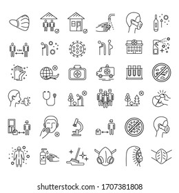 Vector coronavirus covid-19 line icons set. Thin line mask, virus, hospital, respiratory disease prevention, quarantine icons isolated pack. Selfisolation and social distance, elderly people elements