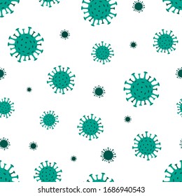 Vector Coronavirus COVID-19 sin fisuras. Ilustración repetitiva de virus verdes en fondo oscuro. Biología bacteriológica Organismos, 2019-nCoV, concepto pandémico.