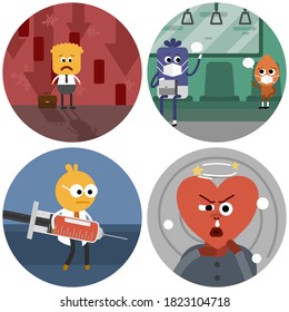 The vector of coronavirus with cute monsters. Economic down, public transport, Vaccine and symptom. Creative flat design for web page and business presentation.