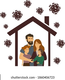 vector coronavirus with drawn family under roof, stay at home concept