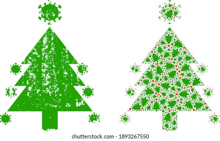 Vector coronavirus fir-tree collage is composed with repeating fractal coronavirus fir-tree parts. Textured coronavirus fir-tree icon. Fractal collage for coronavirus fir-tree.