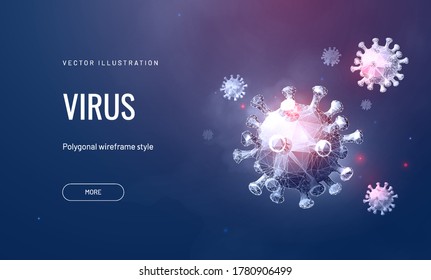 Vector of Coronavirus  futuristic 3d model on blue background. COVID-19 Virus in abstract polygonal style. Microorganism, a type of pathogenic microflora