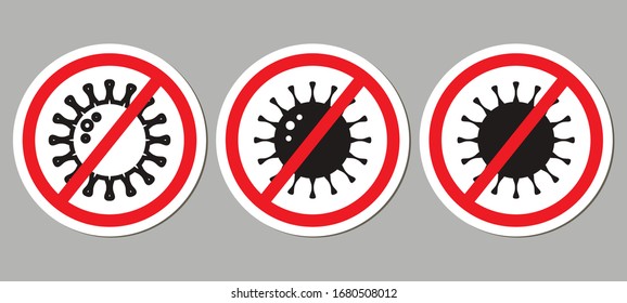 Vektorillustration Coronavirus Symbol mit rotem Unterzeichen, Covid-2019. Beenden Sie Coronavirus-Konzepte Aufkleber. Stoppt die Pandemie!