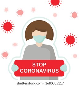Icono del coronavirus vectorial con signo rojo, Covid-2019. Detener los conceptos de Coronavirus stickers. Detengan la pandemia. Mujer con máscara protectora y guantes con un cartel de texto.