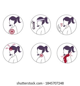 vector coronavirus icons with illustrative woman and coronavirus symptoms on white