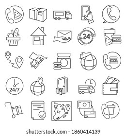 vector coronavirus icons with phone, food, clock and transport on white, delivery concept