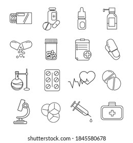 vector coronavirus icons with pills and medication on white