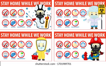 vector Coronavirus infographics. Prevention of CoV-2019 are shown for quarantine. Firefighter with hydrant, disinfector, Doctor in virus protection suit with thermometr.