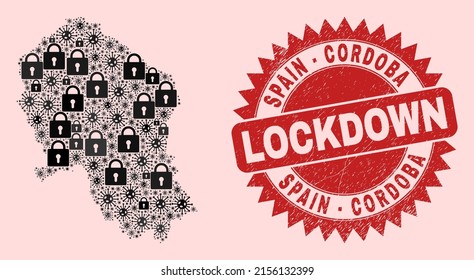 Vector Coronavirus Lockdown Collage Cordoba Spanish Province Map And Dirty Seal. Lockdown Red Seal Uses Sharp Rosette Form. Collage Cordoba Spanish Province Map Is Composed With Flu Virus,