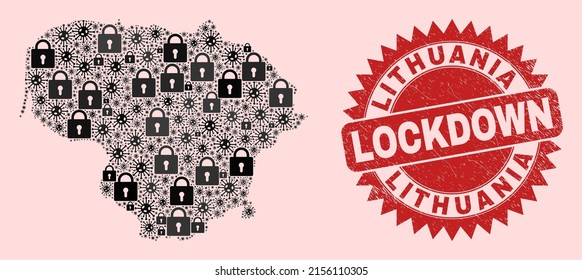 Vector coronavirus lockdown collage Lithuania map and textured stamp print. Lockdown red stamp seal uses sharp rosette shape. Collage Lithuania map is organized with Covid, and lock icons.