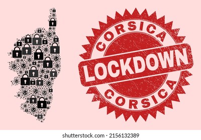 Vector coronavirus lockdown combination Corsica map and grunge stamp seal. Lockdown red stamp seal uses sharp rosette shape. Collage Corsica map is composed with coronavirus, and locked items.