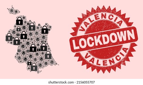Vector coronavirus lockdown composition Valencia Province map and grunge stamp seal. Lockdown red stamp seal uses sharp rosette form. Collage Valencia Province map is created with Covid,