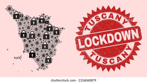 Vector coronavirus lockdown mosaic Tuscany region map and dirty stamp imitation. Lockdown red watermark uses sharp rosette shape. Collage Tuscany region map is constructed from coronavirus,