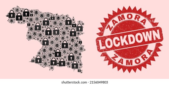 Vector coronavirus lockdown mosaic Zamora Province map and grunge stamp print. Lockdown red stamp seal uses sharp rosette form. Collage Zamora Province map is done with virus, and locked icons.