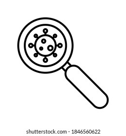 Vector Coronavirus in magnifying glass icon, Covid-19 test, virus research symbol on isolated white background for UI/UX and website.