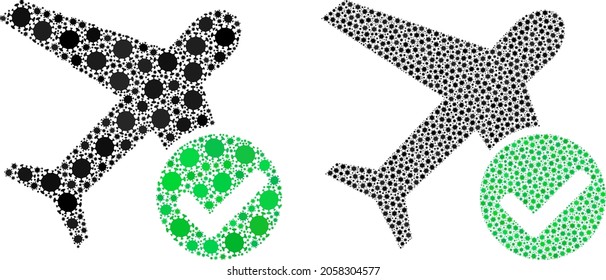 Mosaico del coronavirus vectorial acepta el avión construido para publicidad hospitalaria. El Mosaic acepta el avión en base a un icono y está organizado de íconos biológicos de infección de peligro.