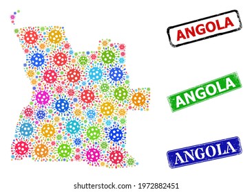 Vector coronavirus mosaic Angola map, and grunge Angola seal stamps. Vector vibrant Angola map mosaic, and Angola grunge framed rectangle seal imitations.