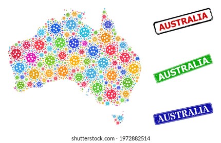 Vector coronavirus mosaic Australia map, and grunge Australia seals. Vector multi-colored Australia map mosaic, and Australia textured framed rectangle seal prints.